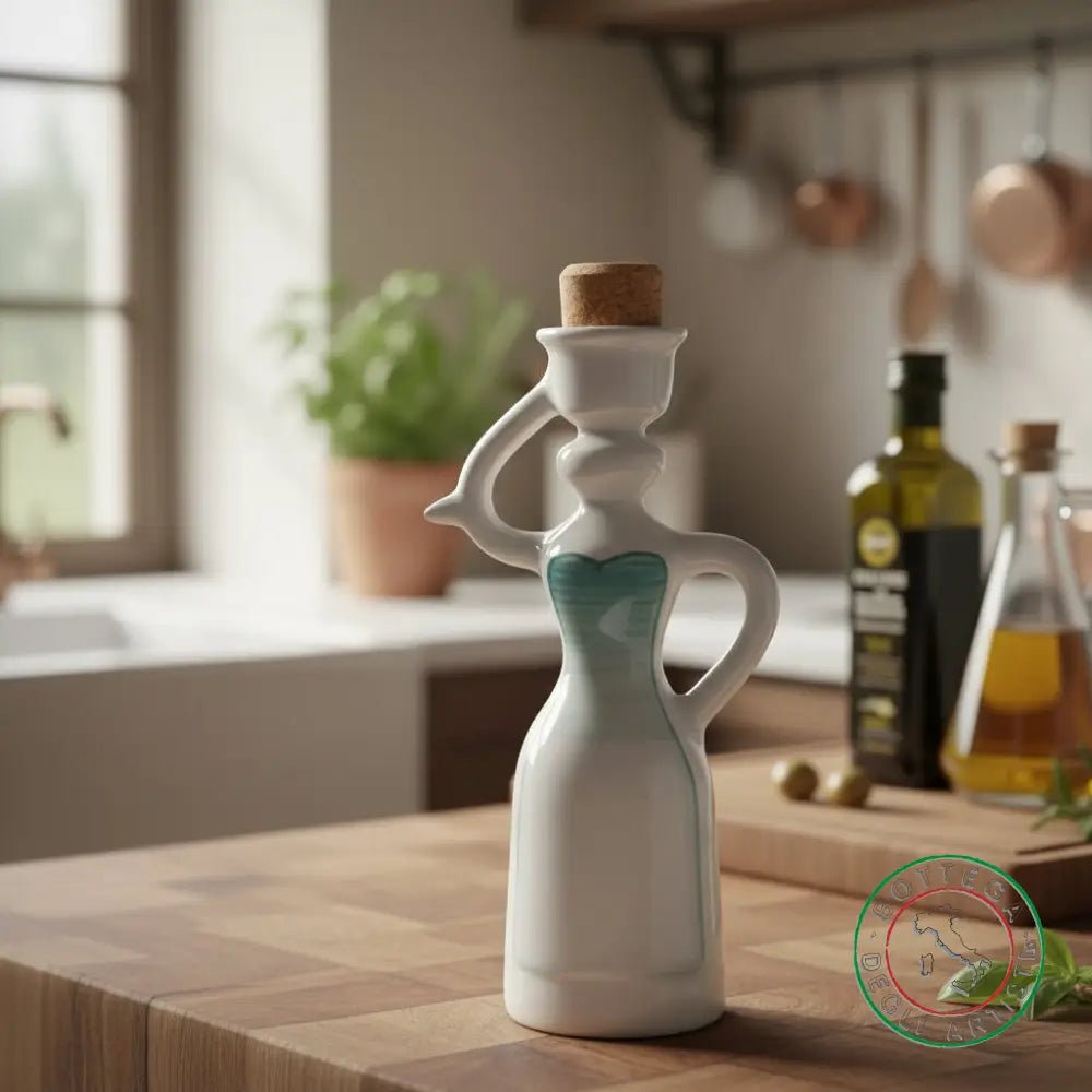 Handbemalte Keramik-Ölflasche mit aquamarinfarbenem Band, hergestellt in Italien