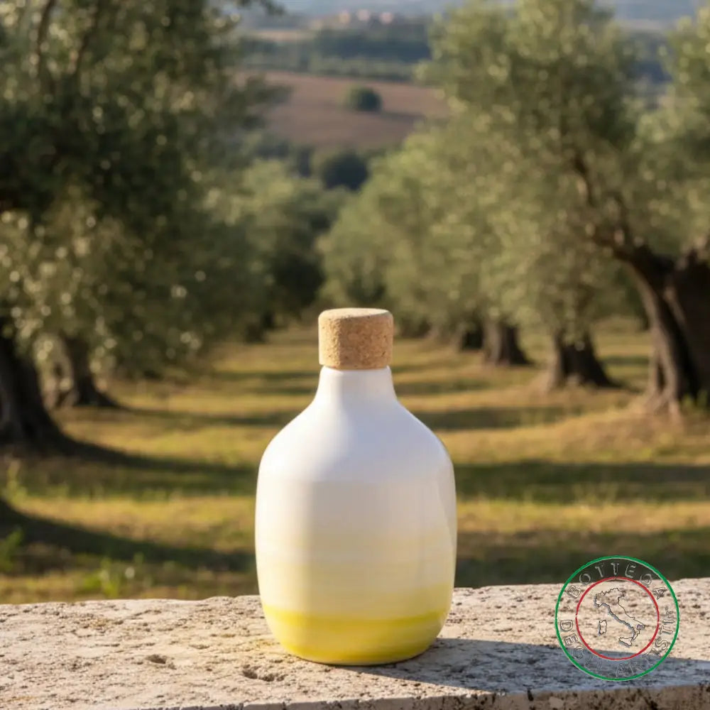 bomboniera ampolla oliera ceramica personalizzata fascia pennellata gialla 200ml