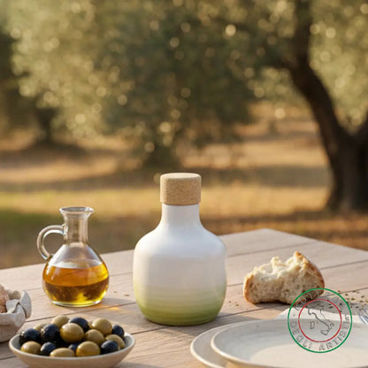 bomboniera ampolla oliera ceramica personalizzata fascia pennellata verde 100ml