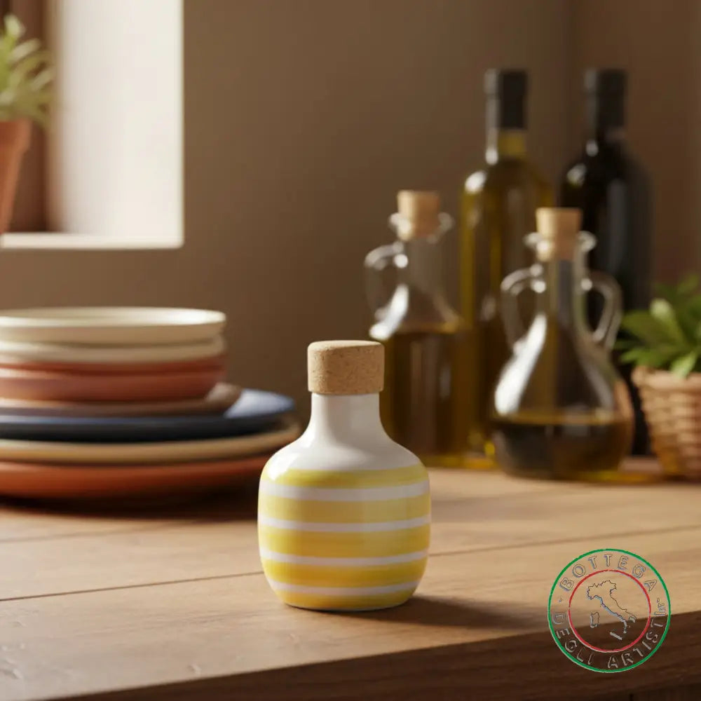 bomboniera ampolla oliera ceramica personalizzata righe pennellate giallo 100ml