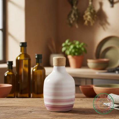 bomboniera ampolla oliera ceramica personalizzata righe pennellate rosa 200ml