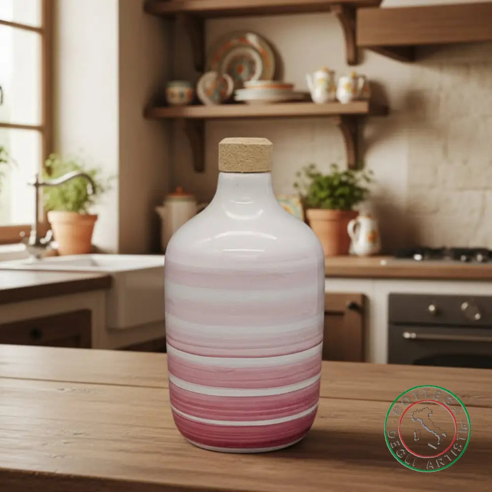 bomboniera ampolla oliera ceramica personalizzata righe pennellate rosa 400ml