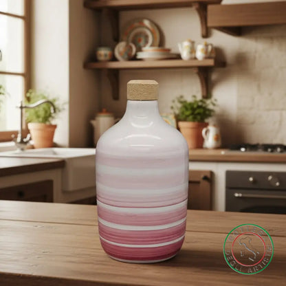 bomboniera ampolla oliera ceramica personalizzata righe pennellate rosa 400ml