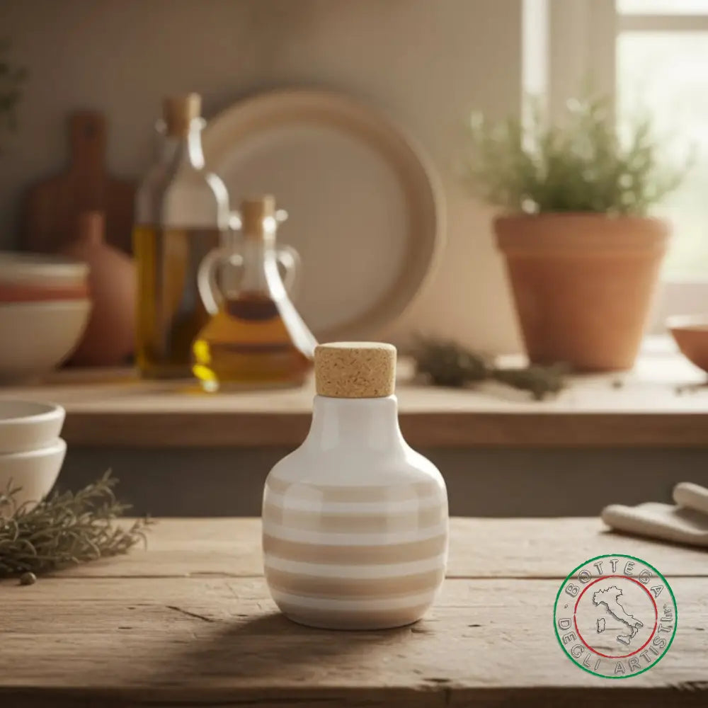 bomboniera ampolla oliera ceramica personalizzata righe pennellate tortora 100ml