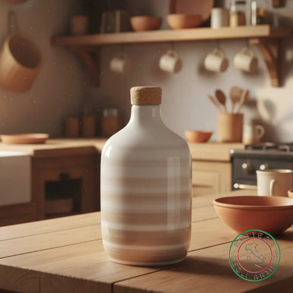 bomboniera ampolla oliera ceramica personalizzata righe pennellate tortora 400ml