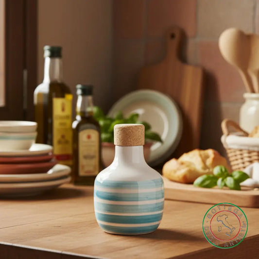 bomboniera ampolla oliera ceramica personalizzata righe pennellate turchese 100ml