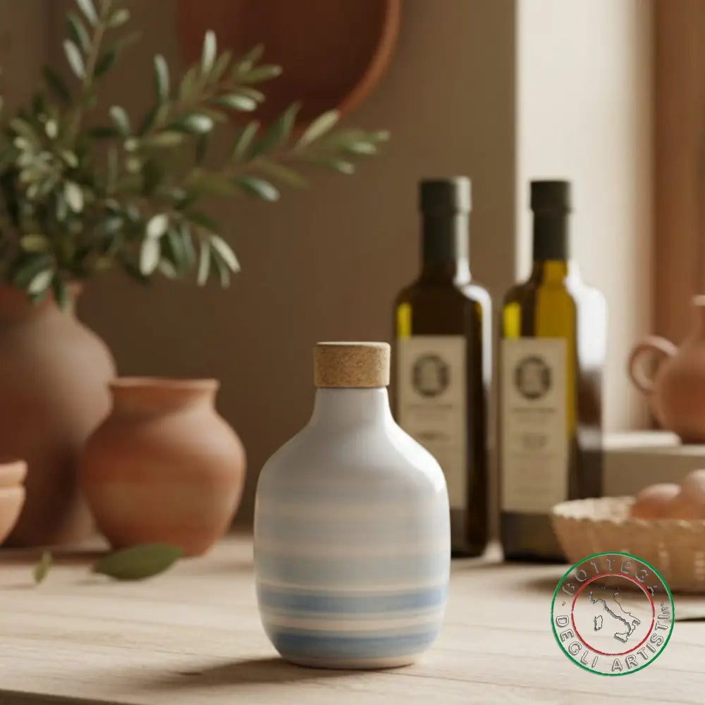 bomboniera ampolla oliera ceramica personalizzata righe pennellate turchese 200ml