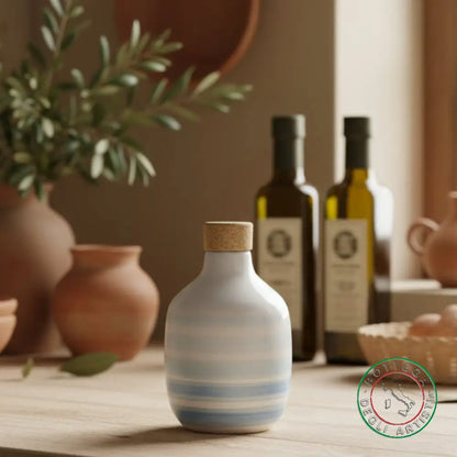 bomboniera ampolla oliera ceramica personalizzata righe pennellate turchese 200ml