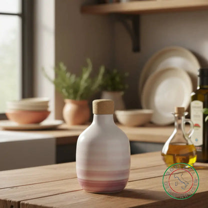 bomboniera ampolla oliera ceramica personalizzata righe pennellate viola 200ml