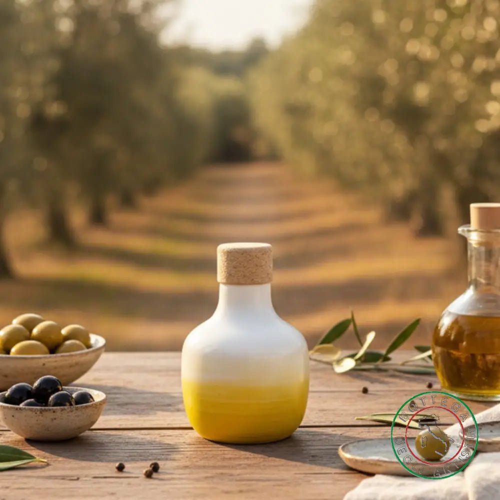 bomboniera ampolla oliera ceramica personalizzata fascia pennellata gialla 100ml