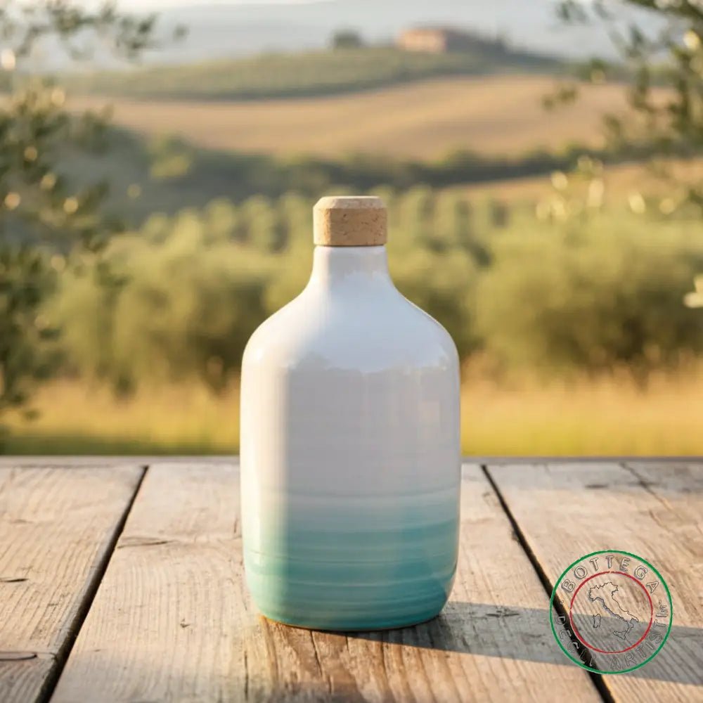 bomboniera ampolla oliera ceramica personalizzata fascia pennellata verde acqua 400ml