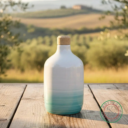 bomboniera ampolla oliera ceramica personalizzata fascia pennellata verde acqua 400ml