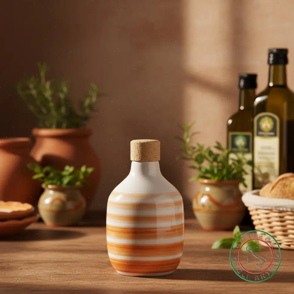 bomboniera ampolla oliera ceramica personalizzata righe pennellate arancio 200ml