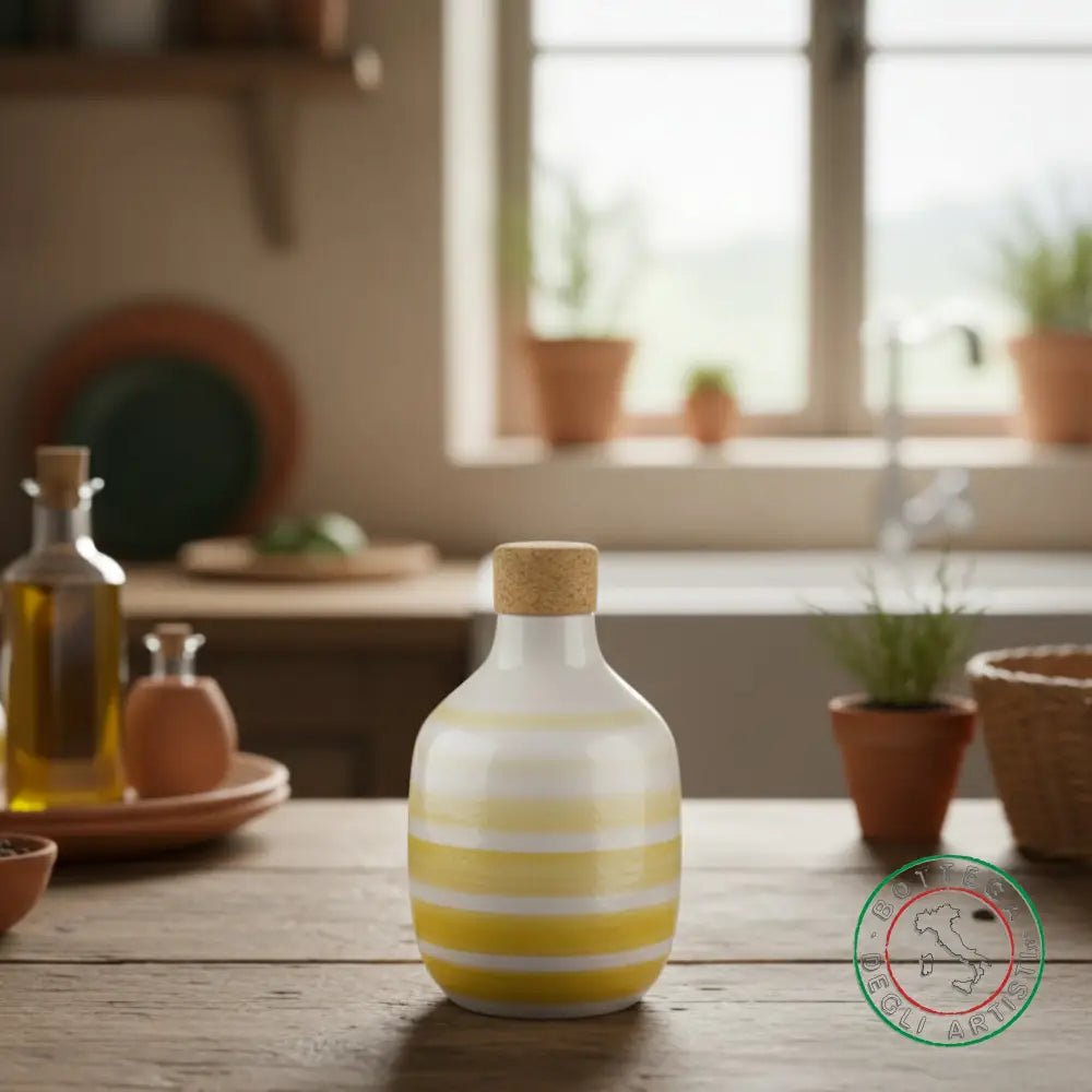 bomboniera ampolla oliera ceramica personalizzata righe pennellate giallo 200ml