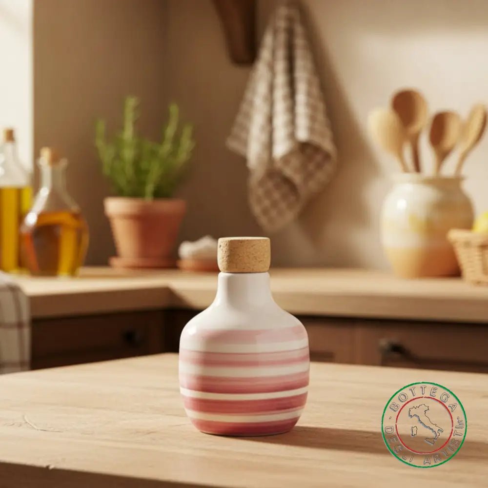 bomboniera ampolla oliera ceramica personalizzata righe pennellate rosa 100ml