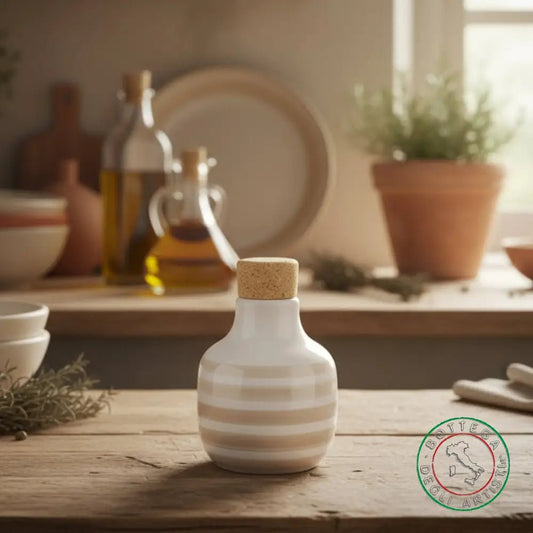 bomboniera ampolla oliera ceramica personalizzata righe pennellate tortora 100ml