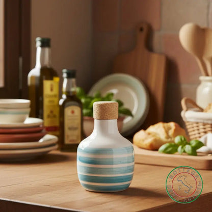 bomboniera ampolla oliera ceramica personalizzata righe pennellate turchese 100ml