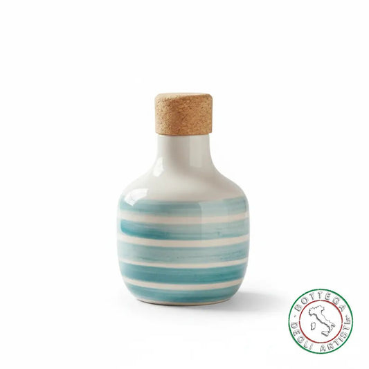 bomboniera ampolla oliera ceramica personalizzata righe pennellate turchese 100ml