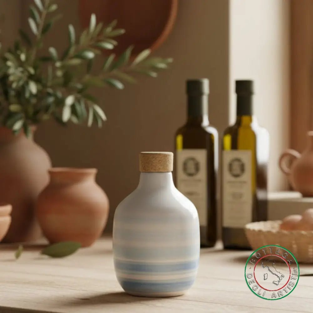 bomboniera ampolla oliera ceramica personalizzata righe pennellate turchese 200ml