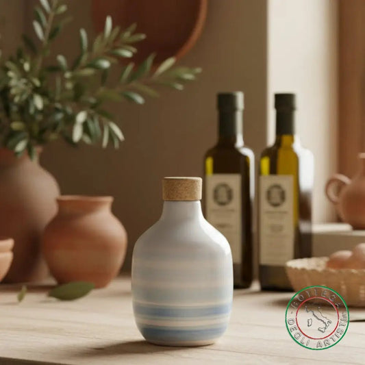 bomboniera ampolla oliera ceramica personalizzata righe pennellate turchese 200ml