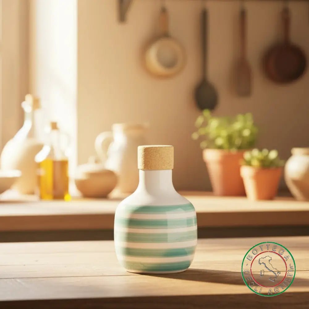 bomboniera ampolla oliera ceramica personalizzata righe pennellate verde acqua 100ml