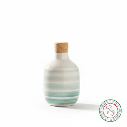 bomboniera ampolla oliera ceramica personalizzata righe pennellate verde acqua 200ml