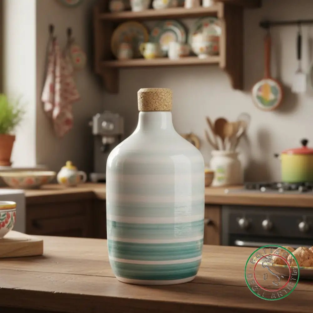 bomboniera ampolla oliera ceramica personalizzata righe pennellate verde acqua 400ml